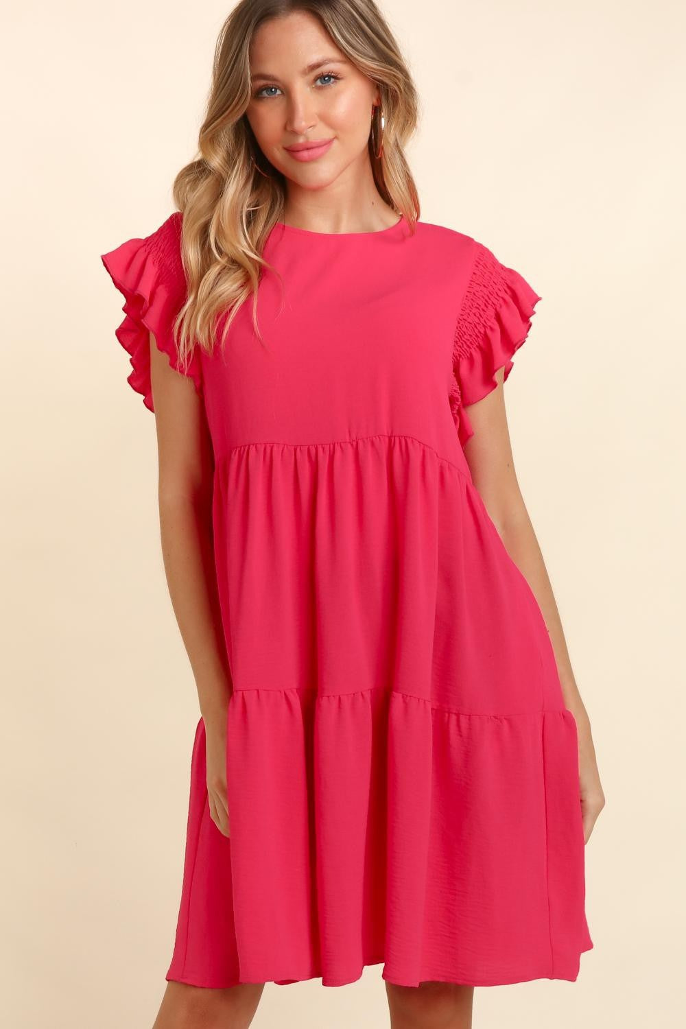 Haptics Full Size Smocking Ruffle Short Sleeve Dress with Pockets Haptics Full Size Smocking Ruffle Short Sleeve Dress with Pockets - TopFashionHQ