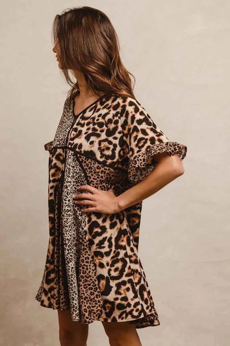 BiBi Leopard Prints Mix and Match Short Sleeves Dress BiBi Leopard Prints Mix and Match Short Sleeves Dress