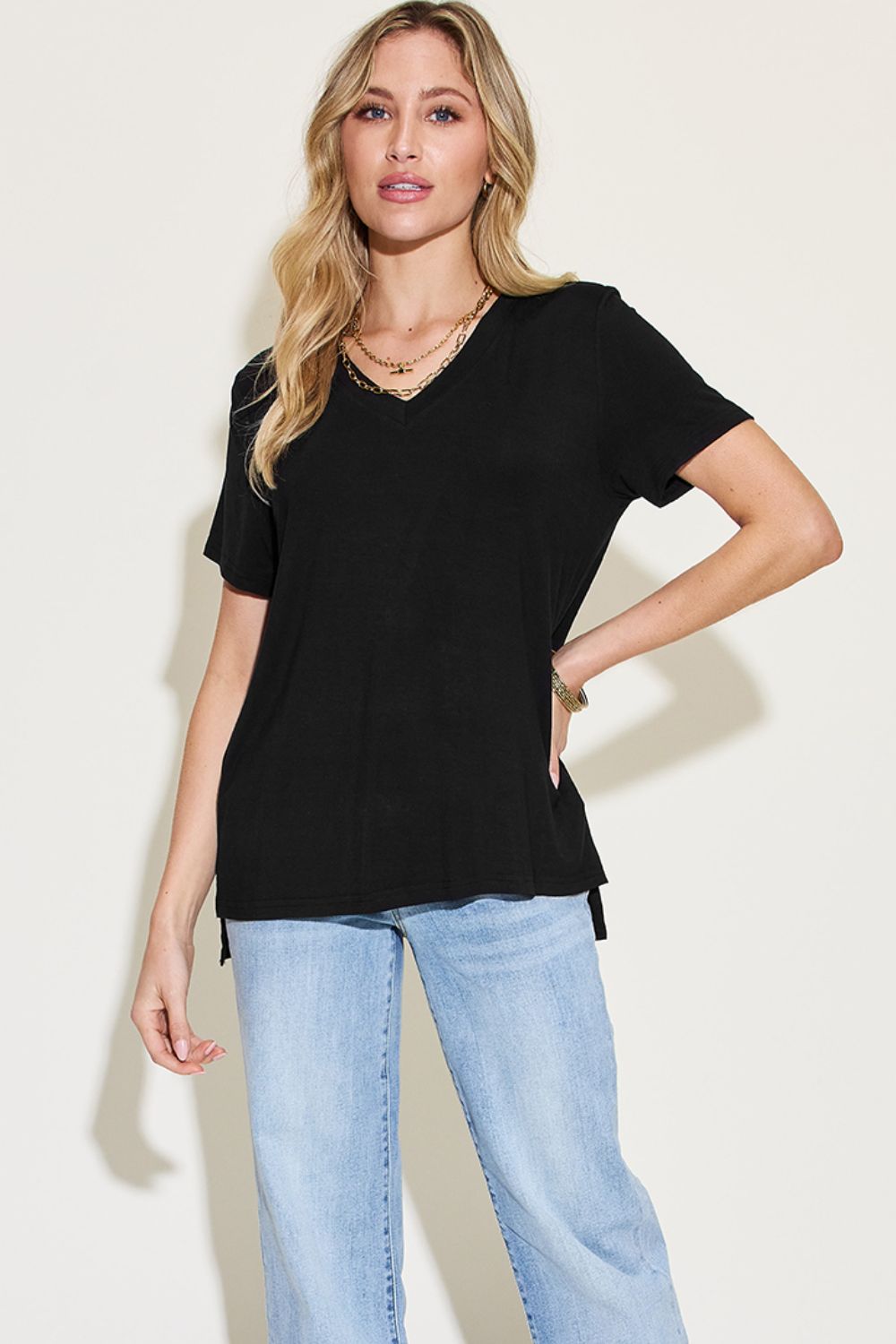 Basic Bae Full Size V-Neck High-Low T-Shirt Basic Bae Full Size V-Neck High-Low T-Shirt - TopFashionHQ