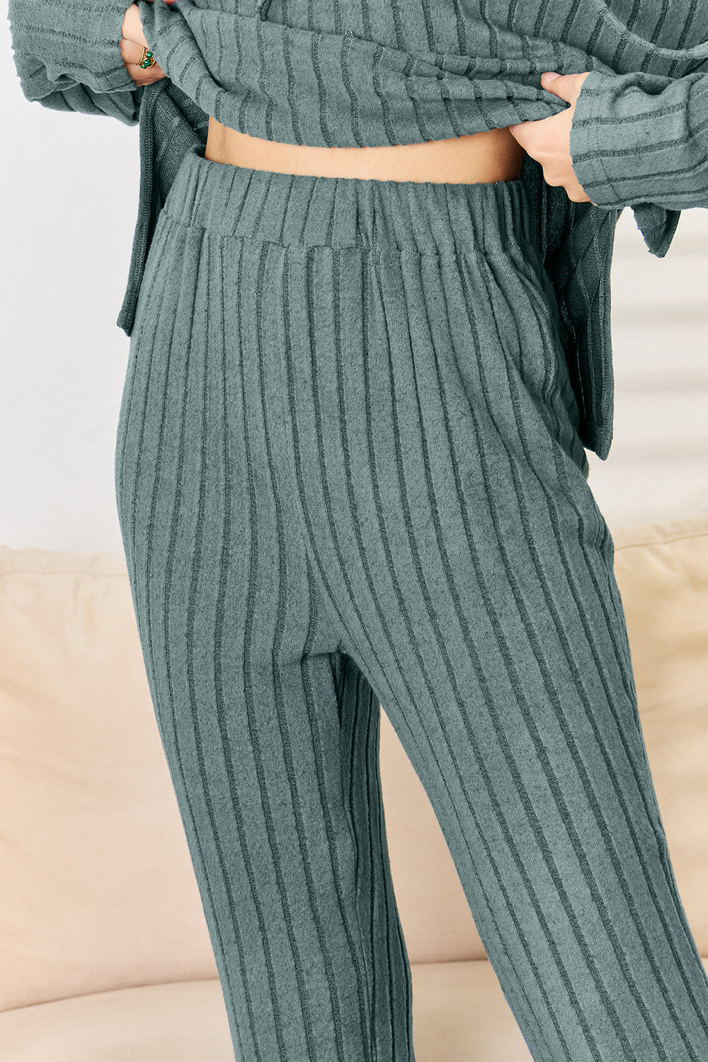 Basic Bae Full Size Ribbed Drawstring Hooded Top and Straight Pants Set Basic Bae Full Size Ribbed Drawstring Hooded Top and Straight Pants Set - TopFashionHQ