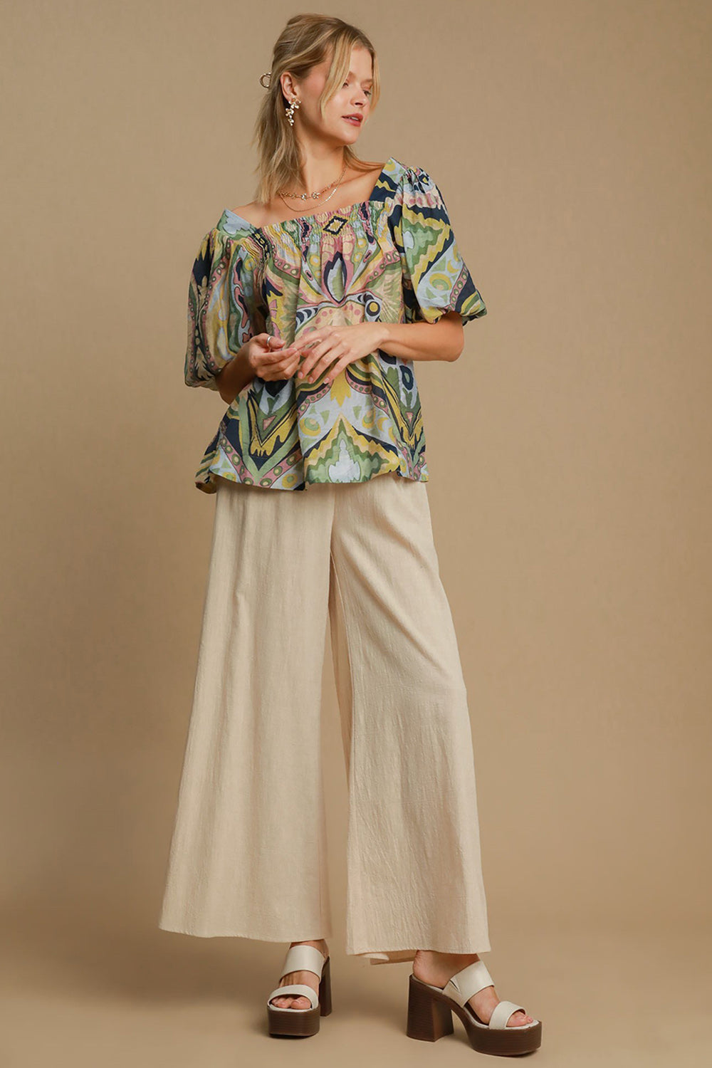 Umgee Full Size Abstract Print Smocked Square Neck Puff Sleeve Blouse Umgee Full Size Abstract Print Smocked Square Neck Puff Sleeve Blouse - TopFashionHQ