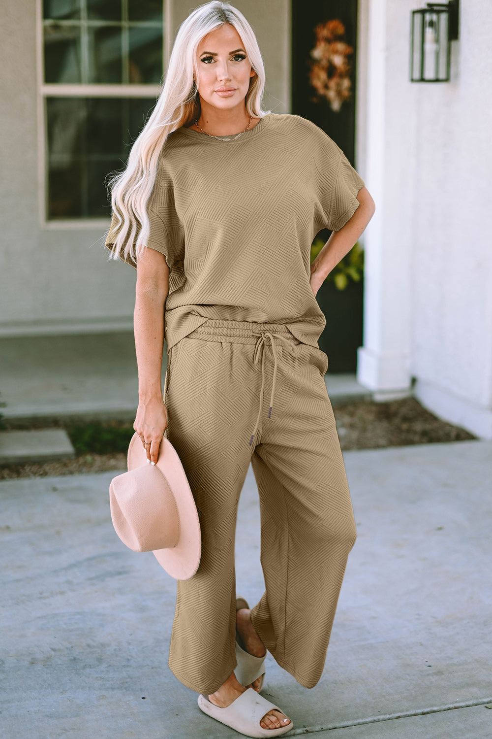 Double Take Full Size Texture Short Sleeve Top and Pants Set Double Take Full Size Texture Short Sleeve Top and Pants Set - TopFashionHQ