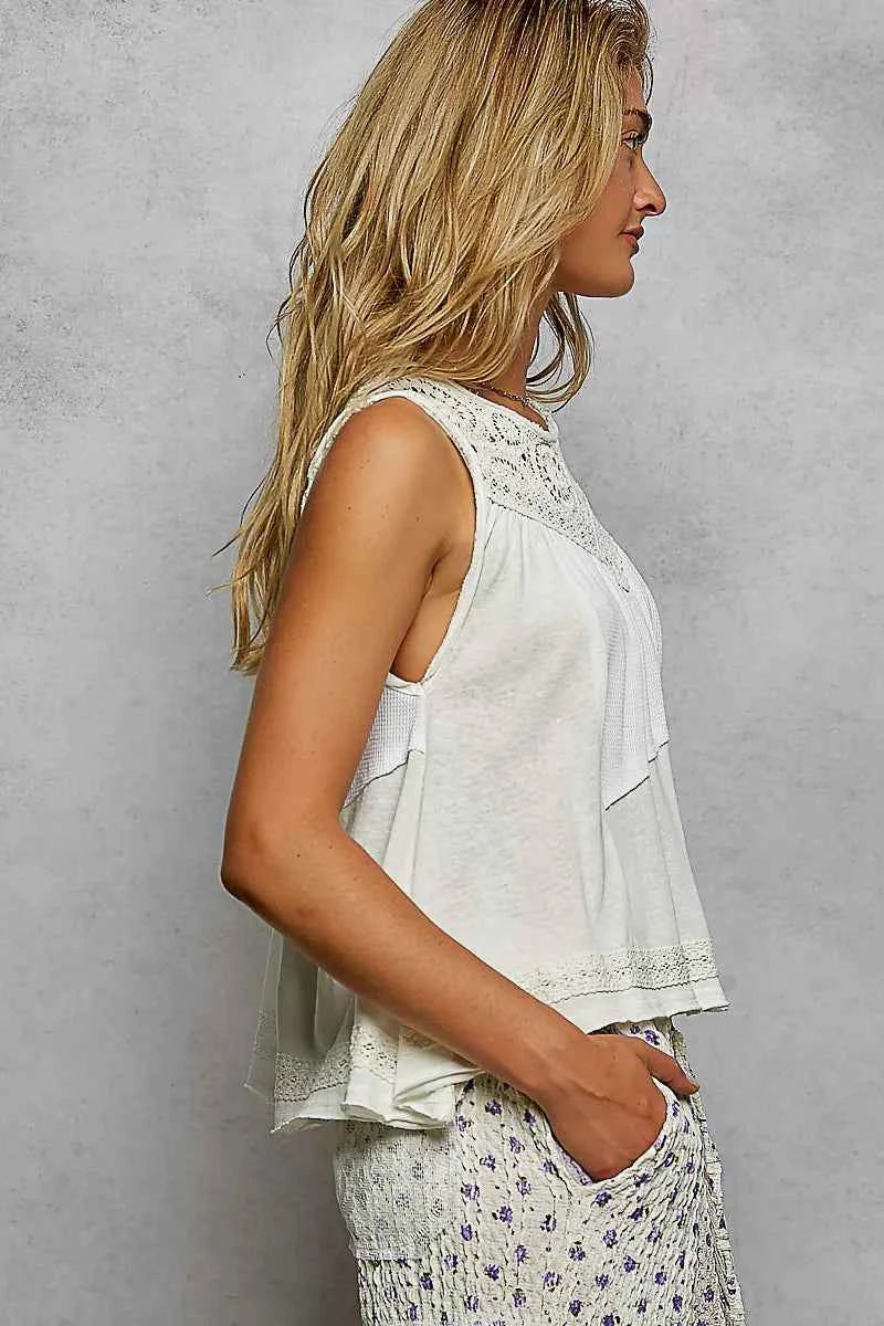 POL Round Neck Sleeveless Top with Crochet Contrast POL Round Neck Sleeveless Top with Crochet Contrast