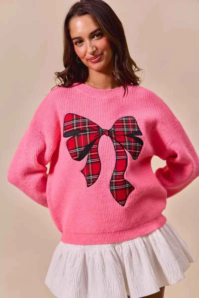 SO ME Checker Plaid Ribbon Christmas Holiday Sweater SO ME Checker Plaid Ribbon Christmas Holiday Sweater