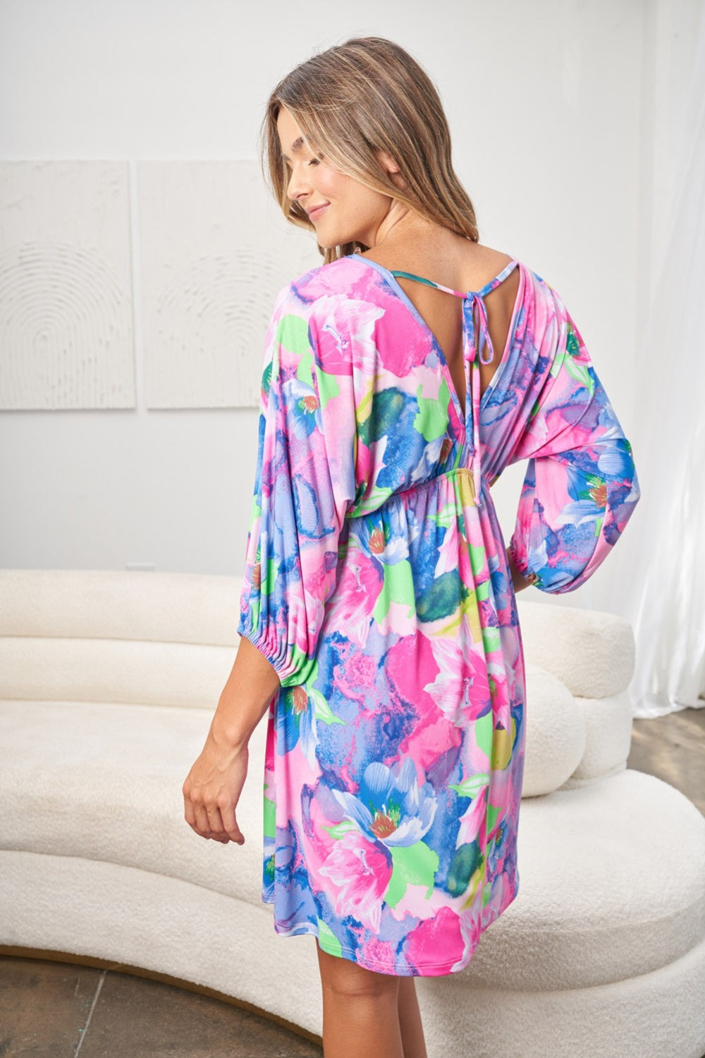 White Birch Full Size Printed V-Neck Tie Back Mini Dress White Birch Full Size Printed V-Neck Tie Back Mini Dress - TopFashionHQ