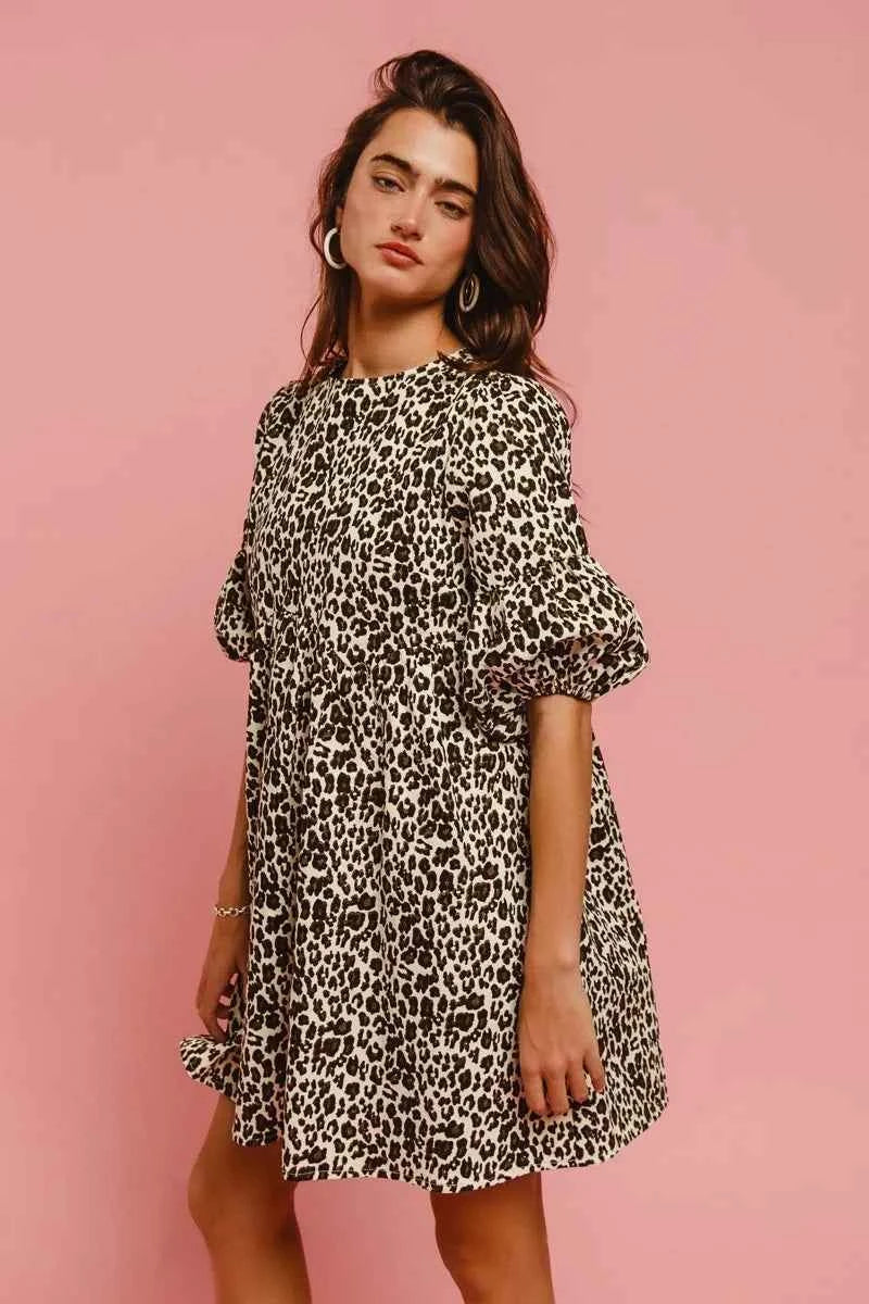 BiBi Leopard Denim Dress With Back Contrast Tie Detail BiBi Leopard Denim Dress With Back Contrast Tie Detail