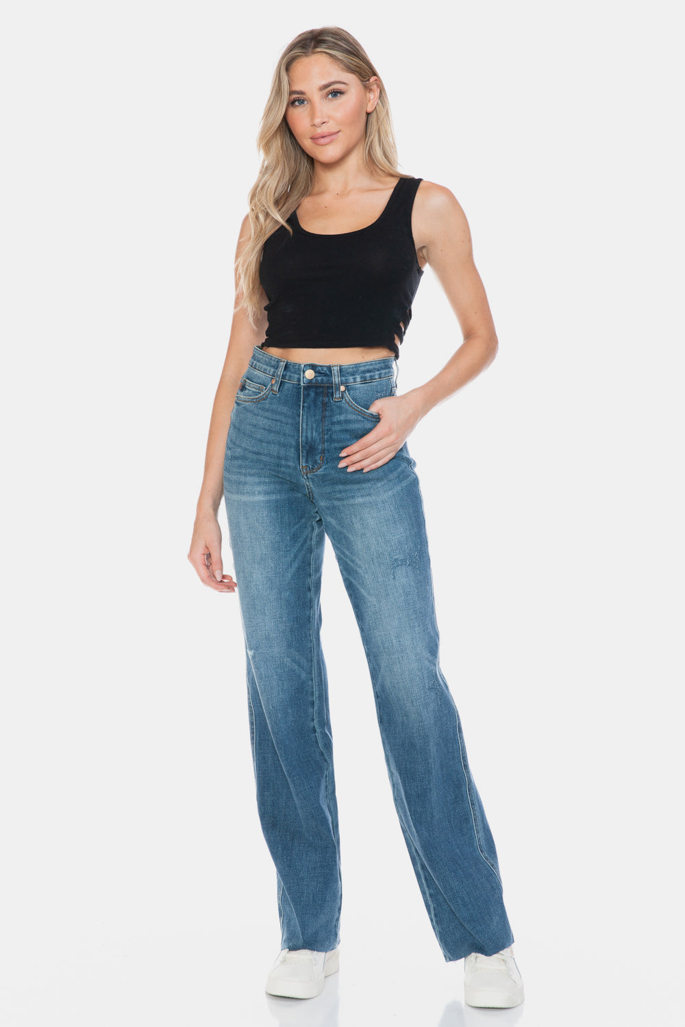 Judy Blue Full Size Tummy Control Cut Raw Hem Straight Jeans Judy Blue Full Size Tummy Control Cut Raw Hem Straight Jeans - TopFashionHQ
