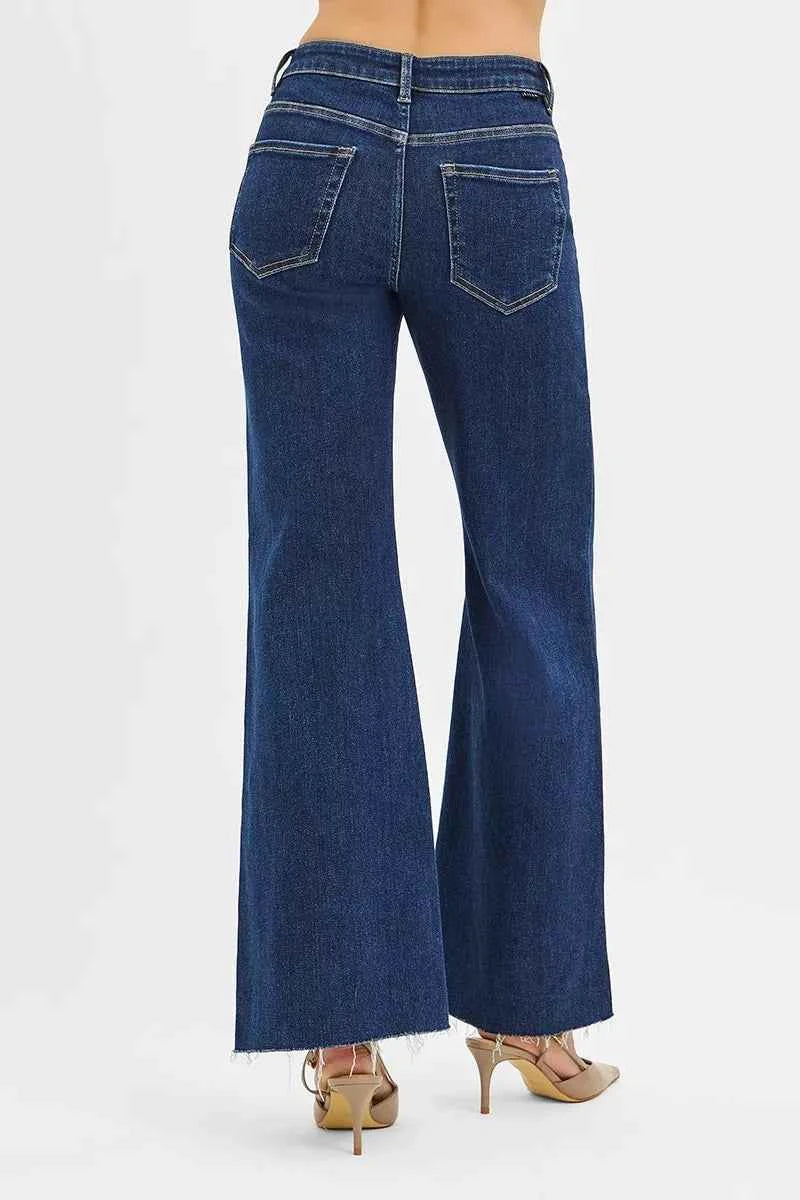 RISEN High Rise Wide Flare Jeans with Front Leather Pocket Detail RISEN High Rise Wide Flare Jeans with Front Leather Pocket Detail