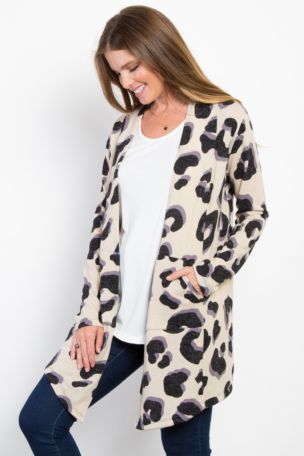 Be Stage Printed Open Front Knit Cardigan with Pockets Be Stage Printed Open Front Knit Cardigan with Pockets