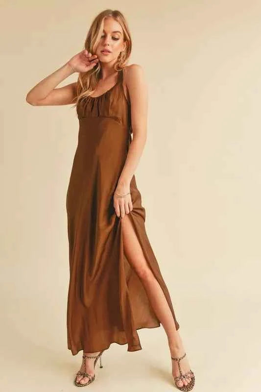 Aemi + Co Ruched Side Slit Cutout Back Maxi Cami Dress Aemi + Co Ruched Side Slit Cutout Back Maxi Cami Dress