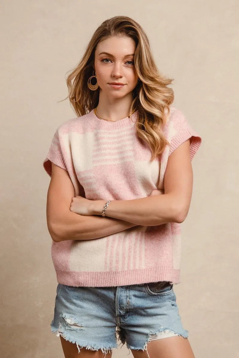 BiBi Checker With Stripes Pattern Sleeveless Sweater 450ea2bb1bf741bfb011c7b288d185ee-Max-Origin