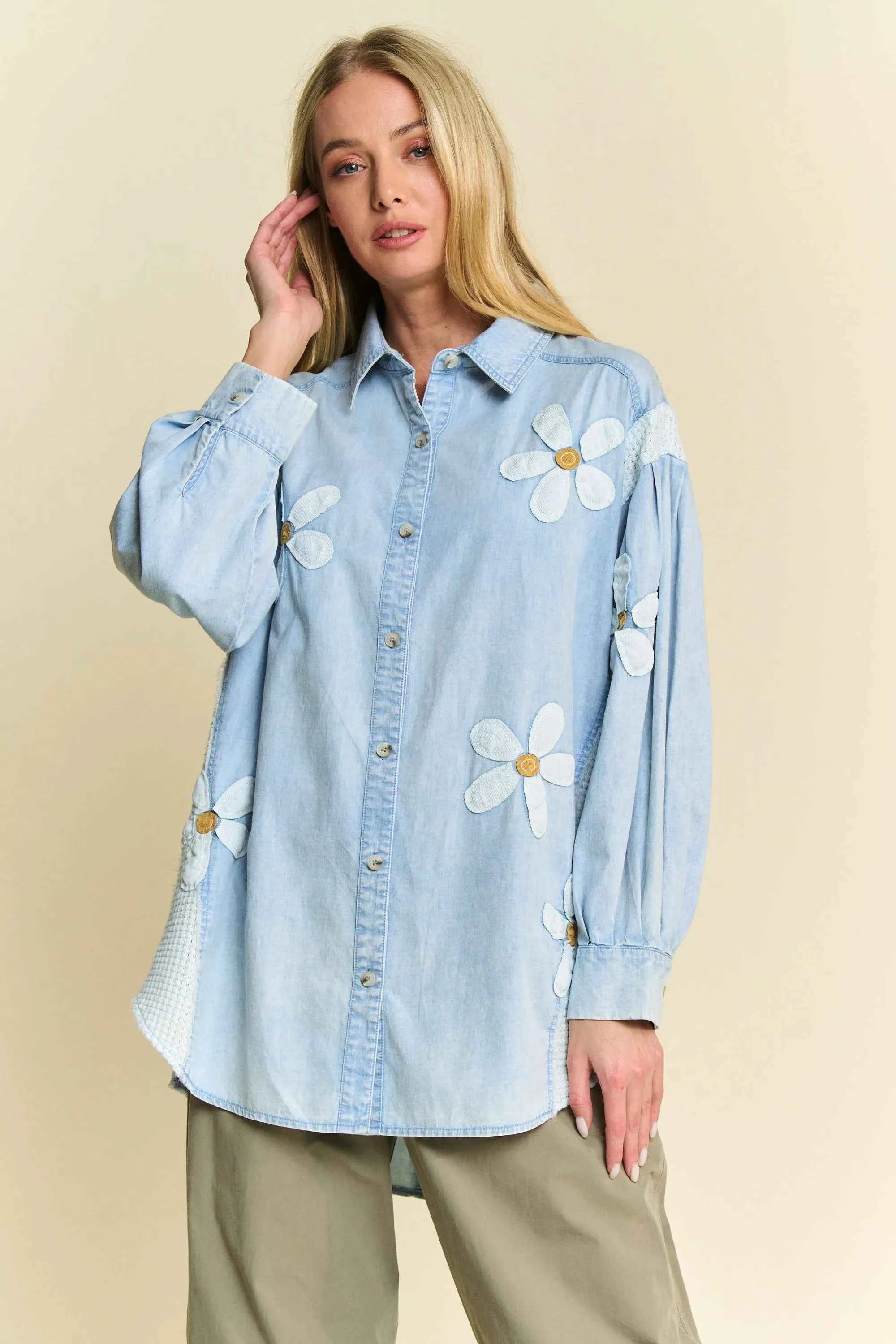 Davi & Dani Lightweight Washed Daisy Patch Waffle Knit Shirt Davi & Dani Lightweight Washed Daisy Patch Waffle Knit Shirt
