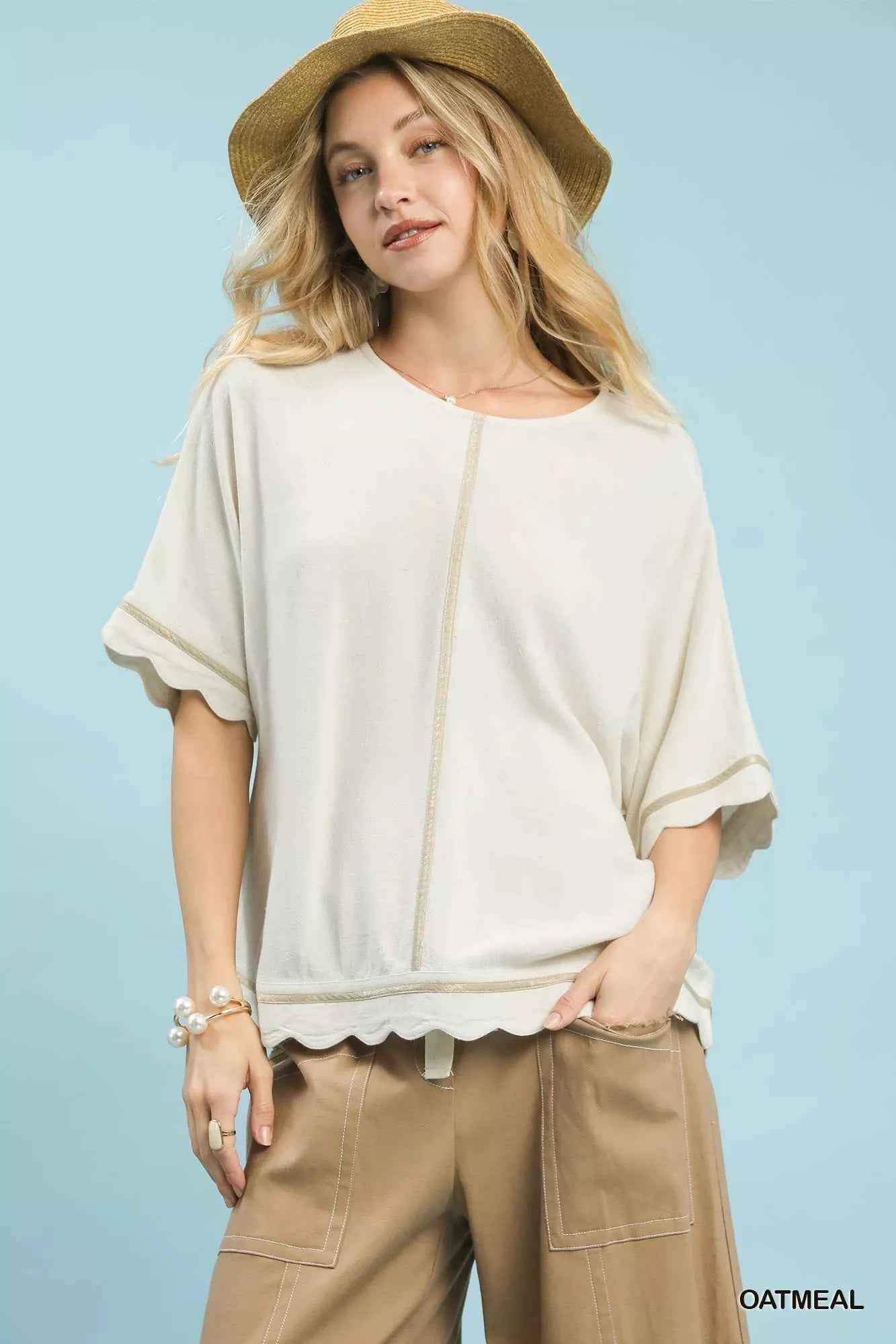 Umgee Linen Blend Scallop Trim Top Umgee Linen Blend Scallop Trim Top