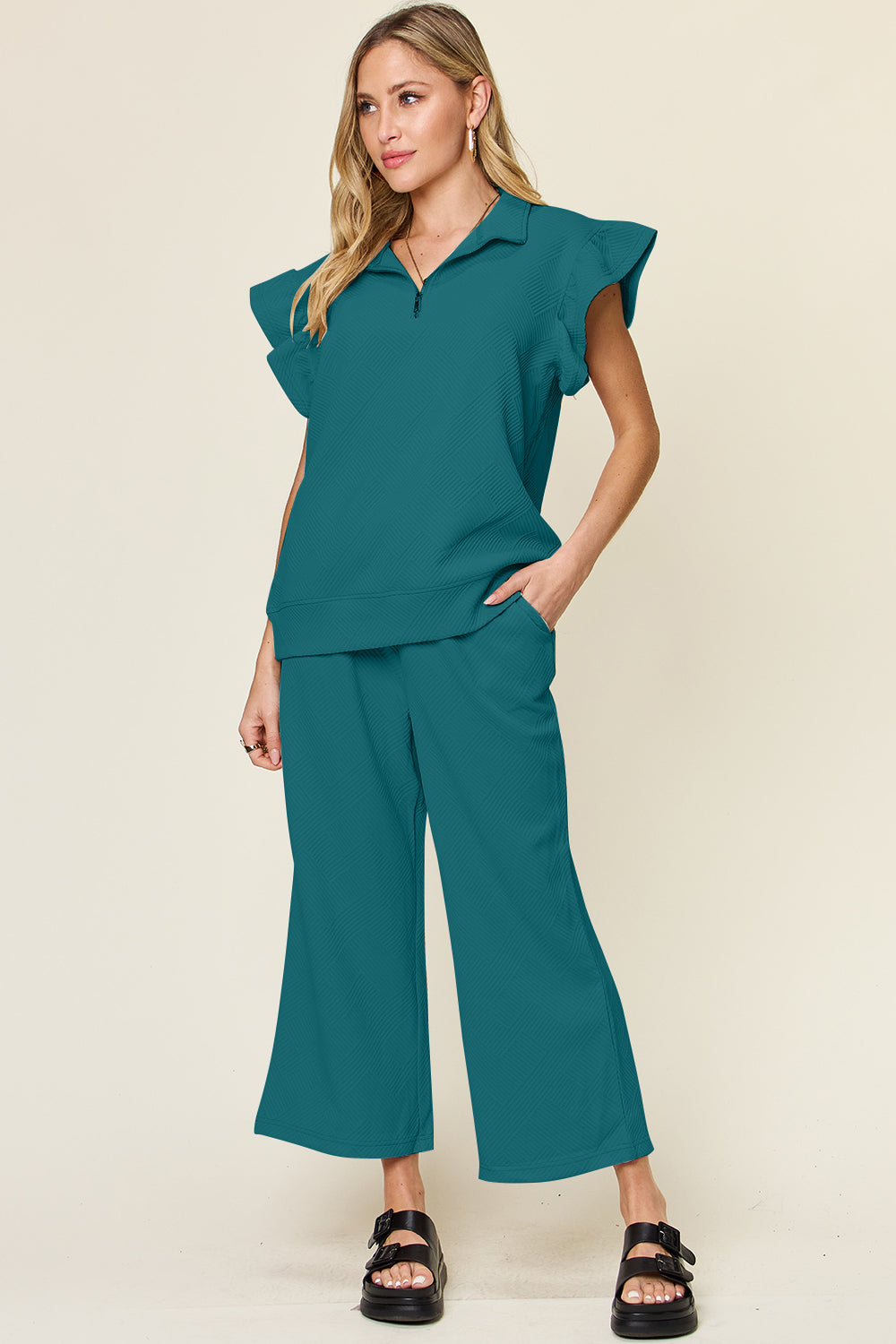 Double Take Texture Ruffle Short Sleeve Top and Drawstring Wide Leg Pants Set Double Take Texture Ruffle Short Sleeve Top and Drawstring Wide Leg Pants Set