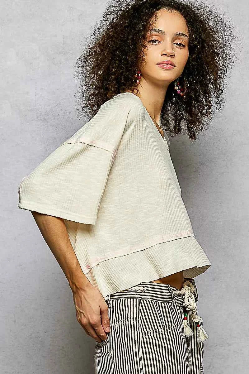 POL Short Sleeve Ccopped Rib T-Shirt with Contrast Stitch Detail POL Short Sleeve Ccopped Rib T-Shirt with Contrast Stitch Detail