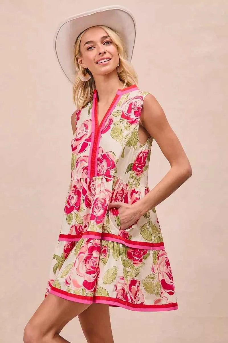 BiBi Floral Woven Contrast Edge Tiered Ruffle Mini Dress BiBi Floral Woven Contrast Edge Tiered Ruffle Mini Dress