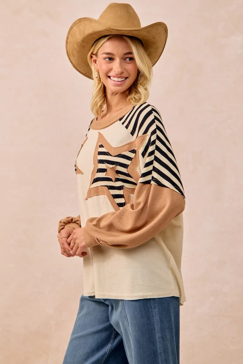 BiBi Star Patchwork Mixed Long Sleeve Top 456fe7752de04853bbaa089169785f28-Max-Origin