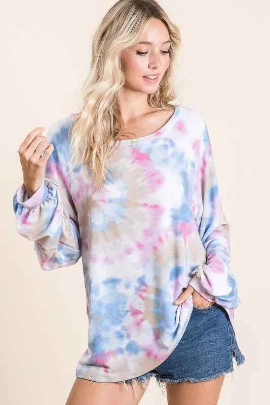 BiBi Tie Dye Print Terry Top With Puff Sleeves BiBi Tie Dye Print Terry Top With Puff Sleeves