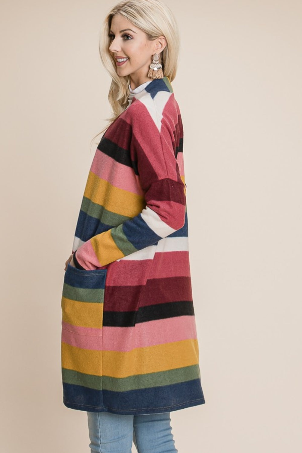 BOMBOM Color Block Striped Open Front Cardigan BOMBOM Color Block Striped Open Front Cardigan - TopFashionHQ