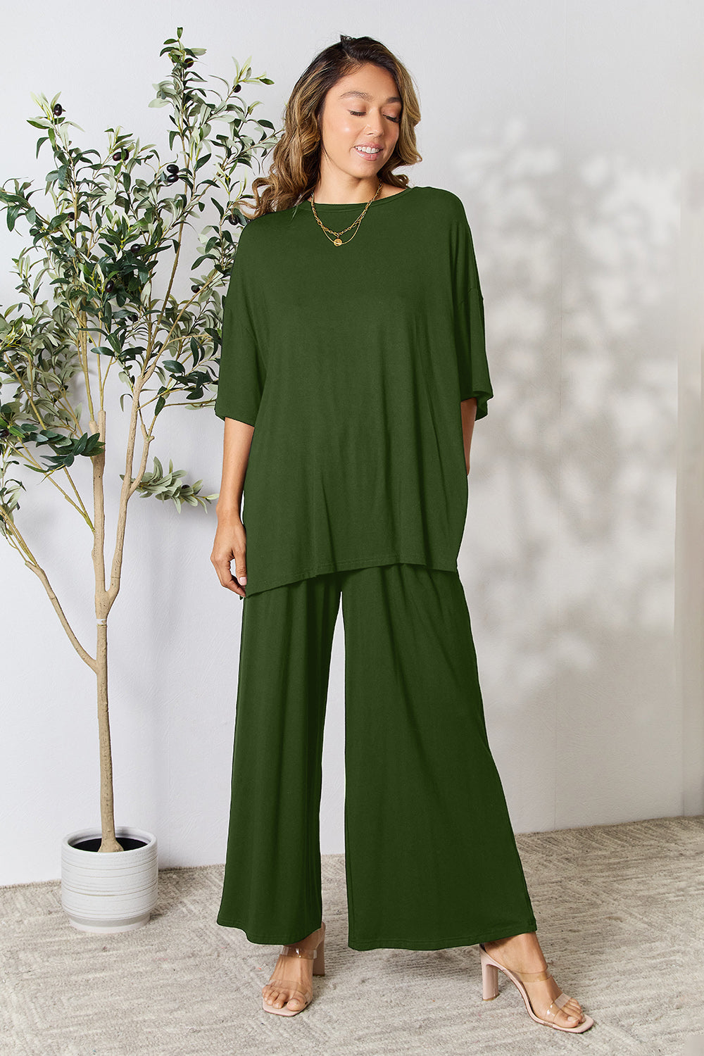 Double Take Full Size Round Neck Slit Top and Pants Set Double Take Full Size Round Neck Slit Top and Pants Set - TopFashionHQ