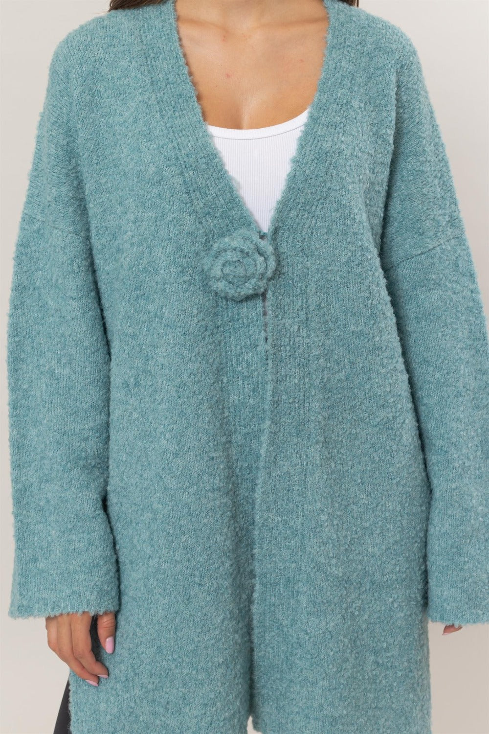 HYFVE Front Rosette Longline Slit Sweater Cardigan HYFVE Front Rosette Longline Slit Sweater Cardigan