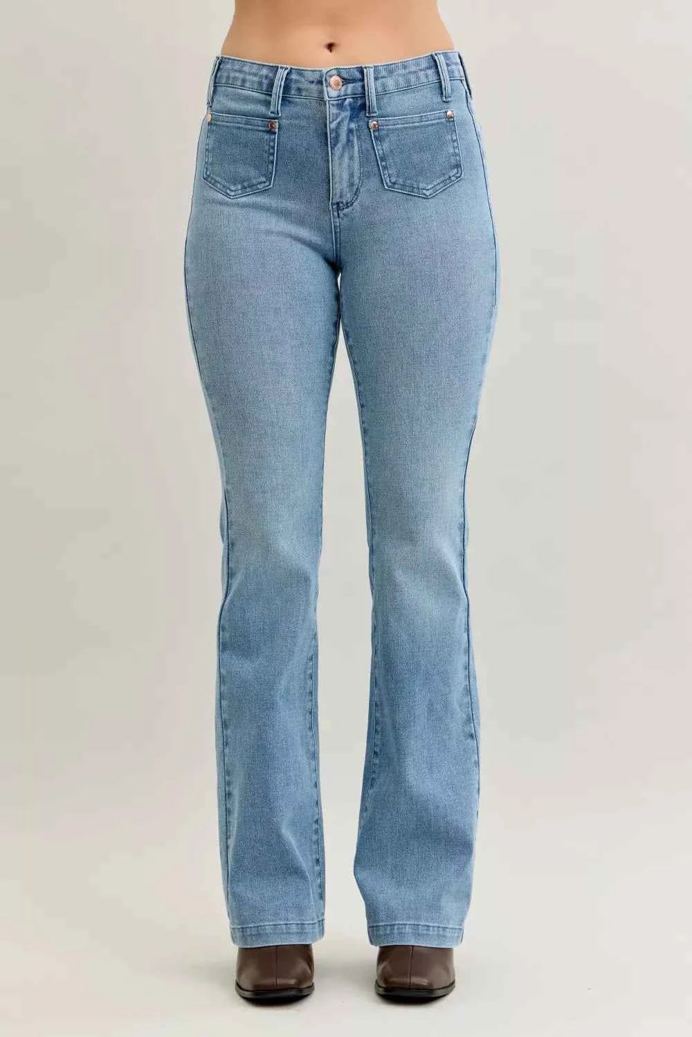 Judy Blue Full Size Mid Rise Bootcut Jeans with Contrast Wash & Front Patch Pockets Plus Size Judy Blue Full Size Mid Rise Bootcut Jeans with Contrast Wash & Front Patch Pockets Plus Size