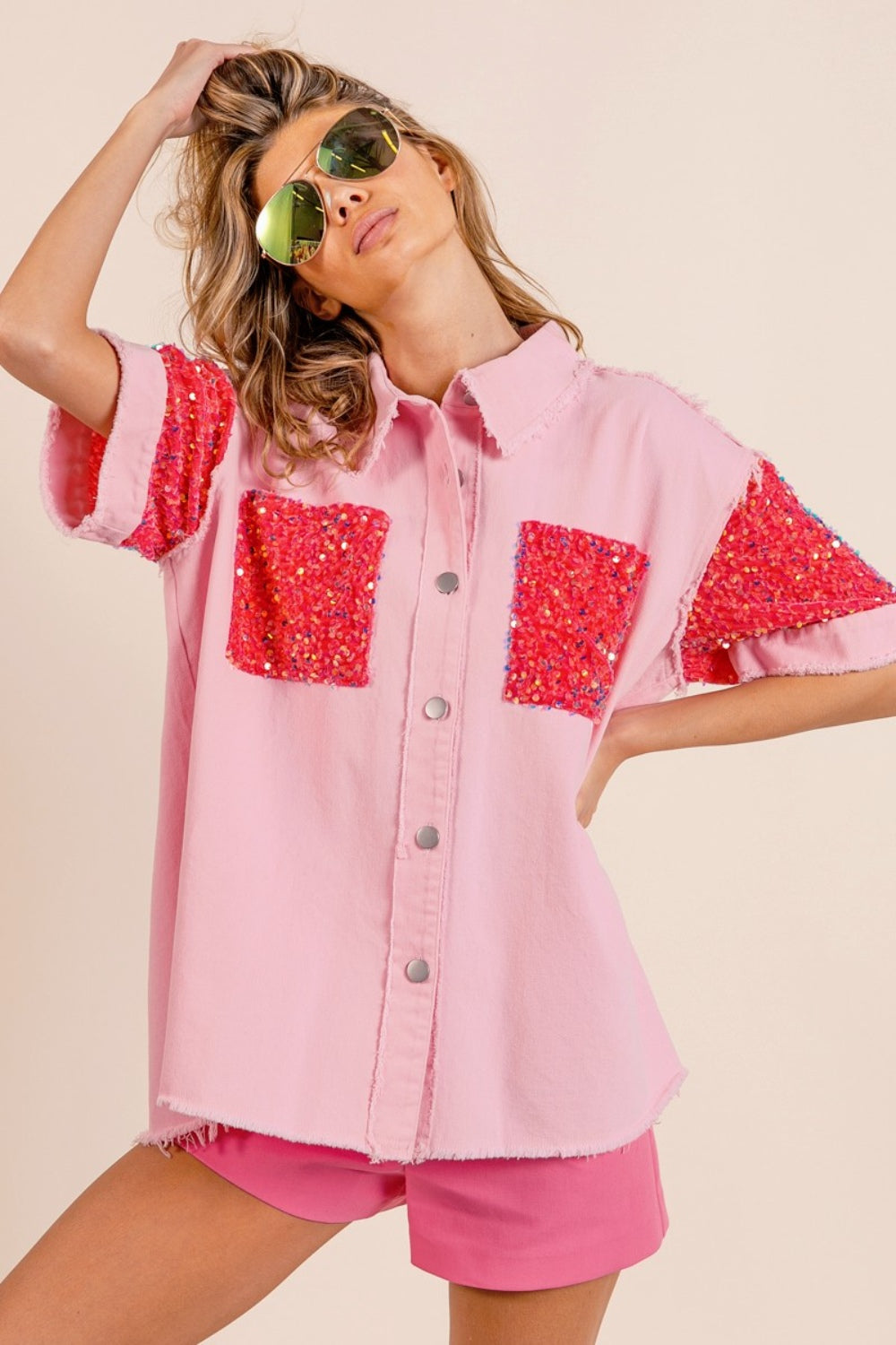 BiBi Sequin Detail Raw Hem Short Sleeve Shirt BiBi Sequin Detail Raw Hem Short Sleeve Shirt - TopFashionHQ