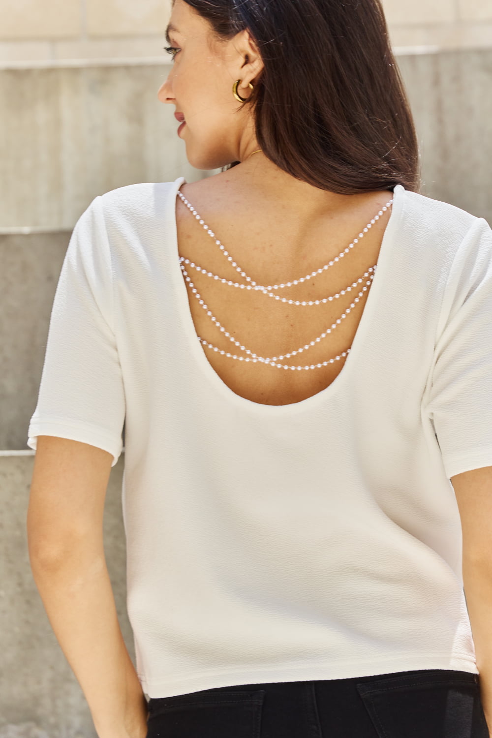 And The Why Pearly White Full Size Criss Cross Pearl Detail Open Back T-Shirt And The Why Pearly White Full Size Criss Cross Pearl Detail Open Back T-Shirt - TopFashionHQ