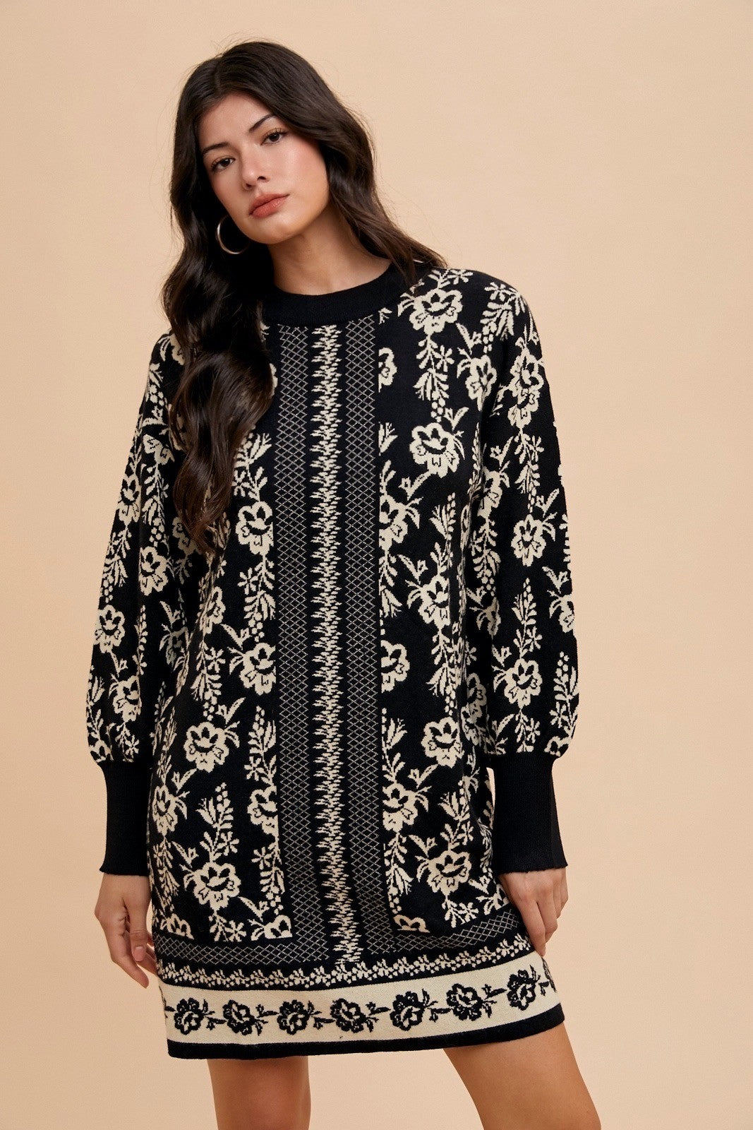 Annie Wear Floral Jacquard Round Neck Sweater Dress Annie Wear Floral Jacquard Round Neck Sweater Dress