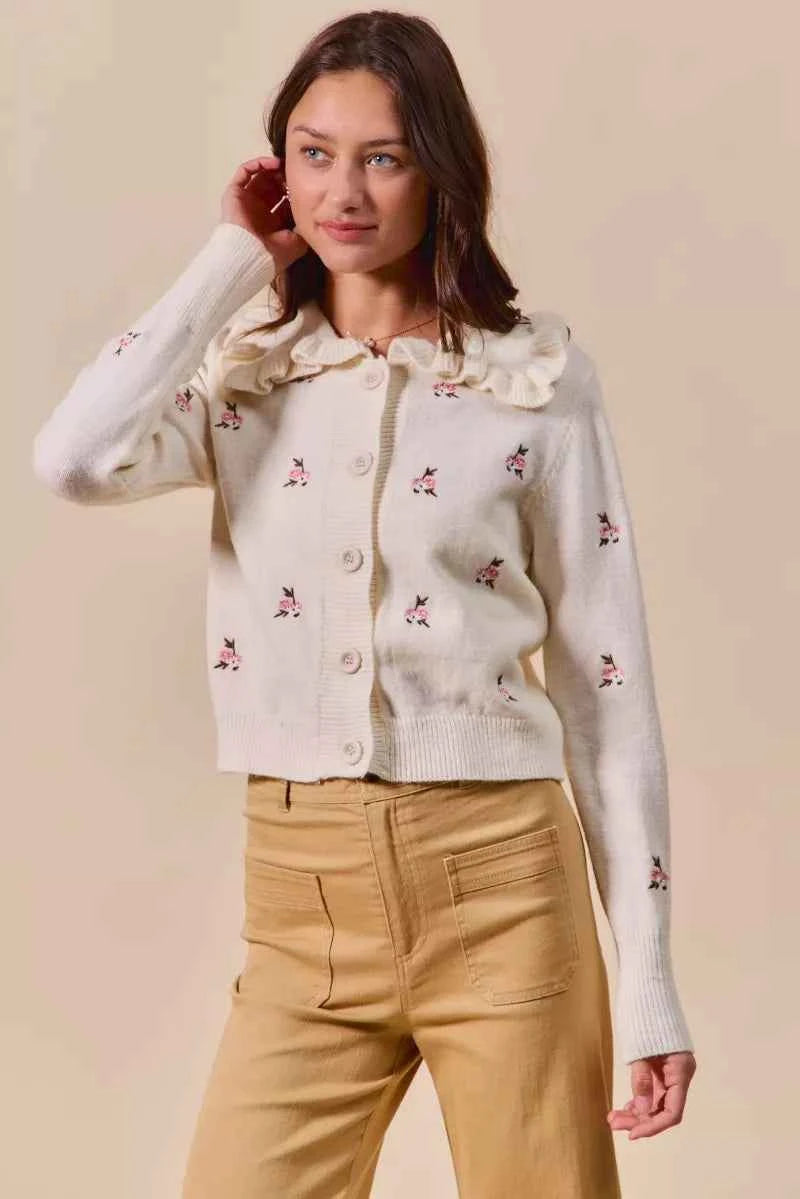 SO ME Collared Floral Embroidered Button Down Sweater Cardigan SO ME Collared Floral Embroidered Button Down Sweater Cardigan