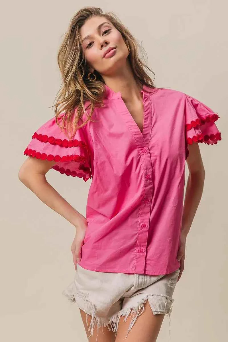 BiBi Dot Trim Flutter Sleeve Notched Top BiBi Dot Trim Flutter Sleeve Notched Top