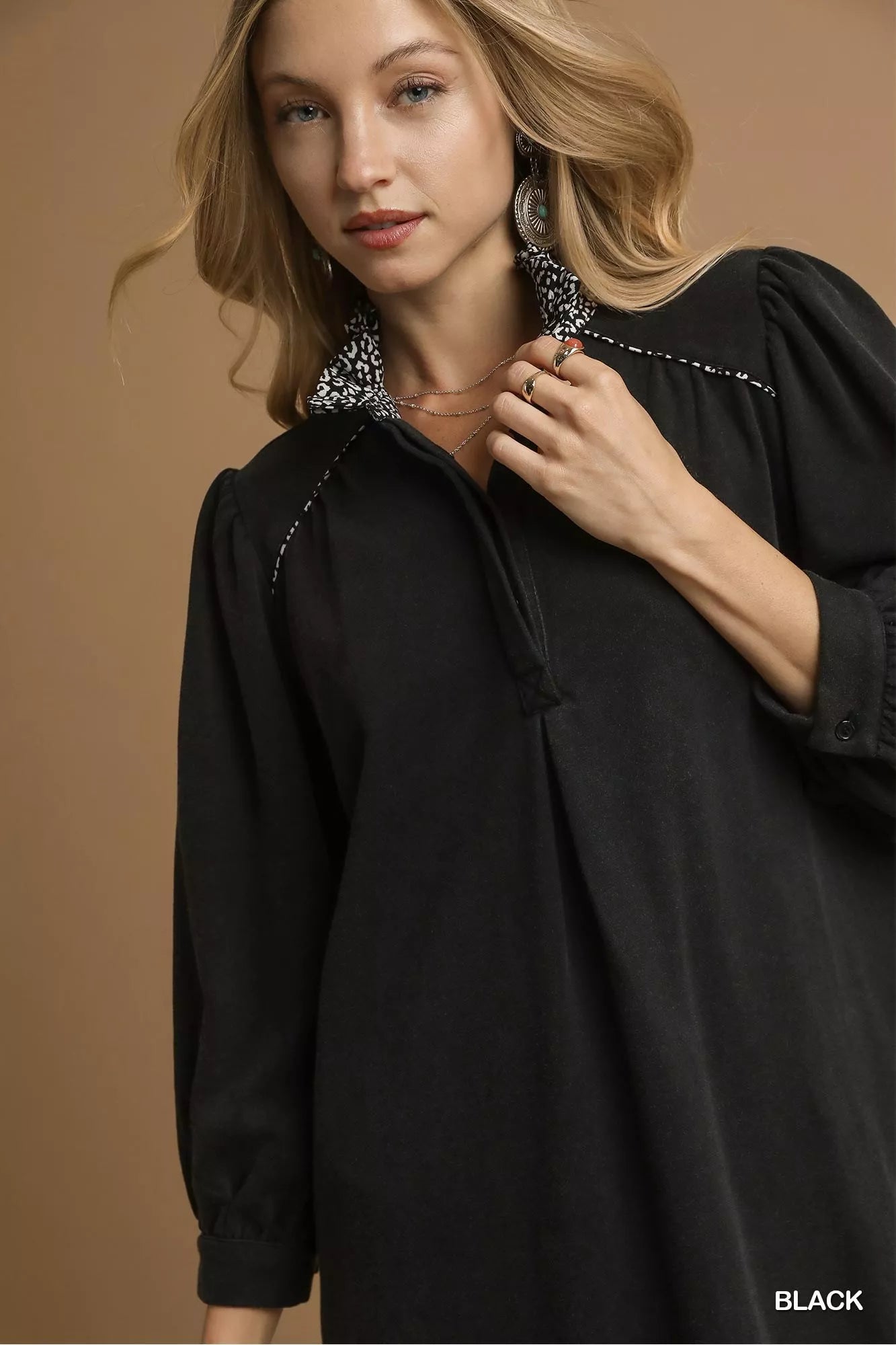 Umgee French Terry Balloon Sleeve Shift Dress with Leopard Print Detail 46a1d61b-8340-46ec-b46b-271180c4ead9-Max-Origin