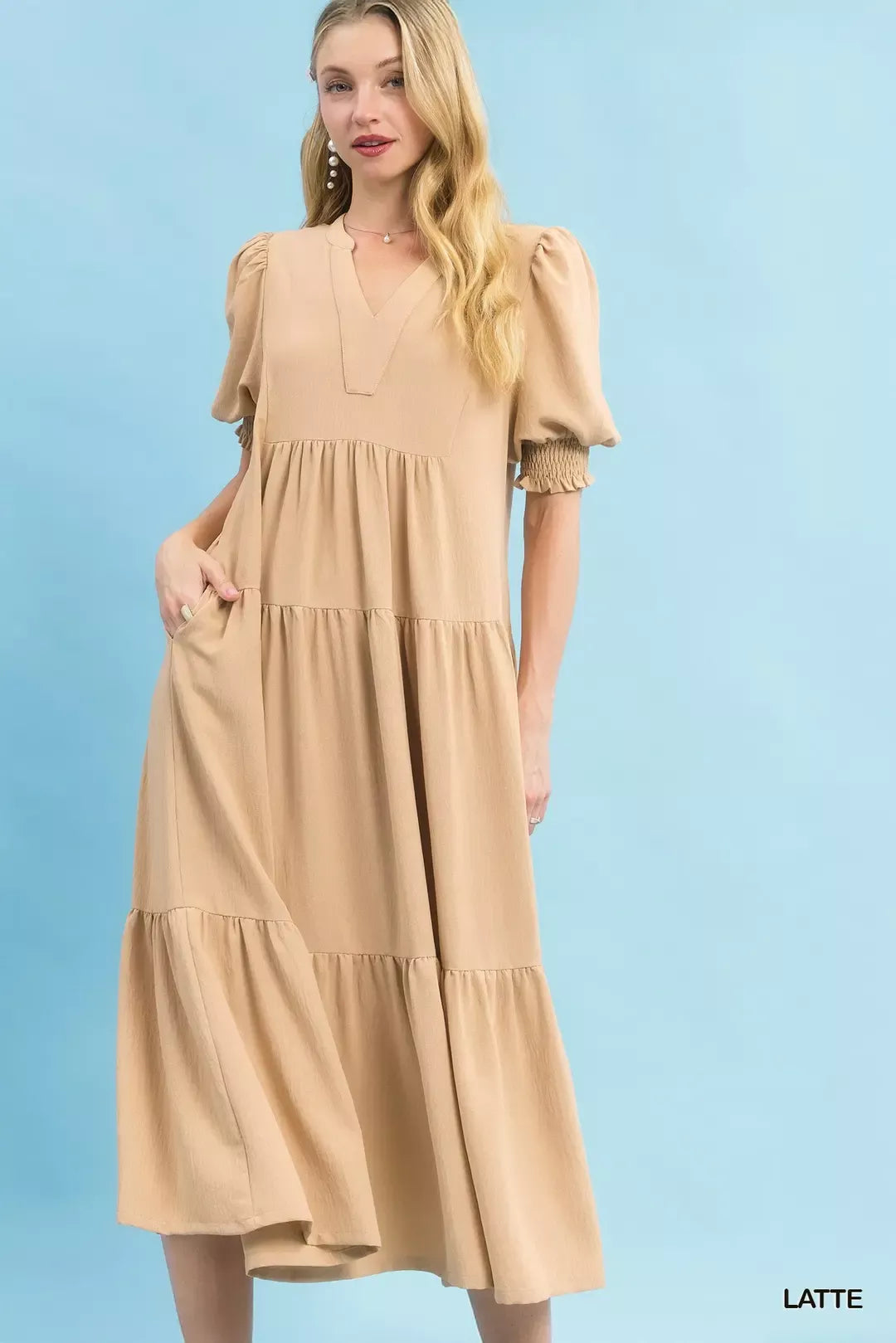 Umgee V-Neck Puff Sleeve Tiered Midi Dress 46bd1a40-5208-4287-9b03-fe2e1483a834-Max-Origin