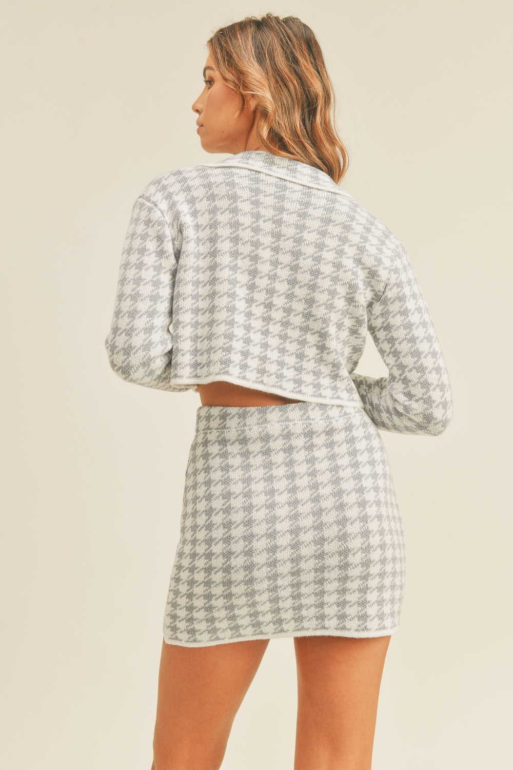 MABLE Houndstooth Cropped Knit Cardigan and Mini Skirt Set MABLE Houndstooth Cropped Knit Cardigan and Mini Skirt Set - TopFashionHQ