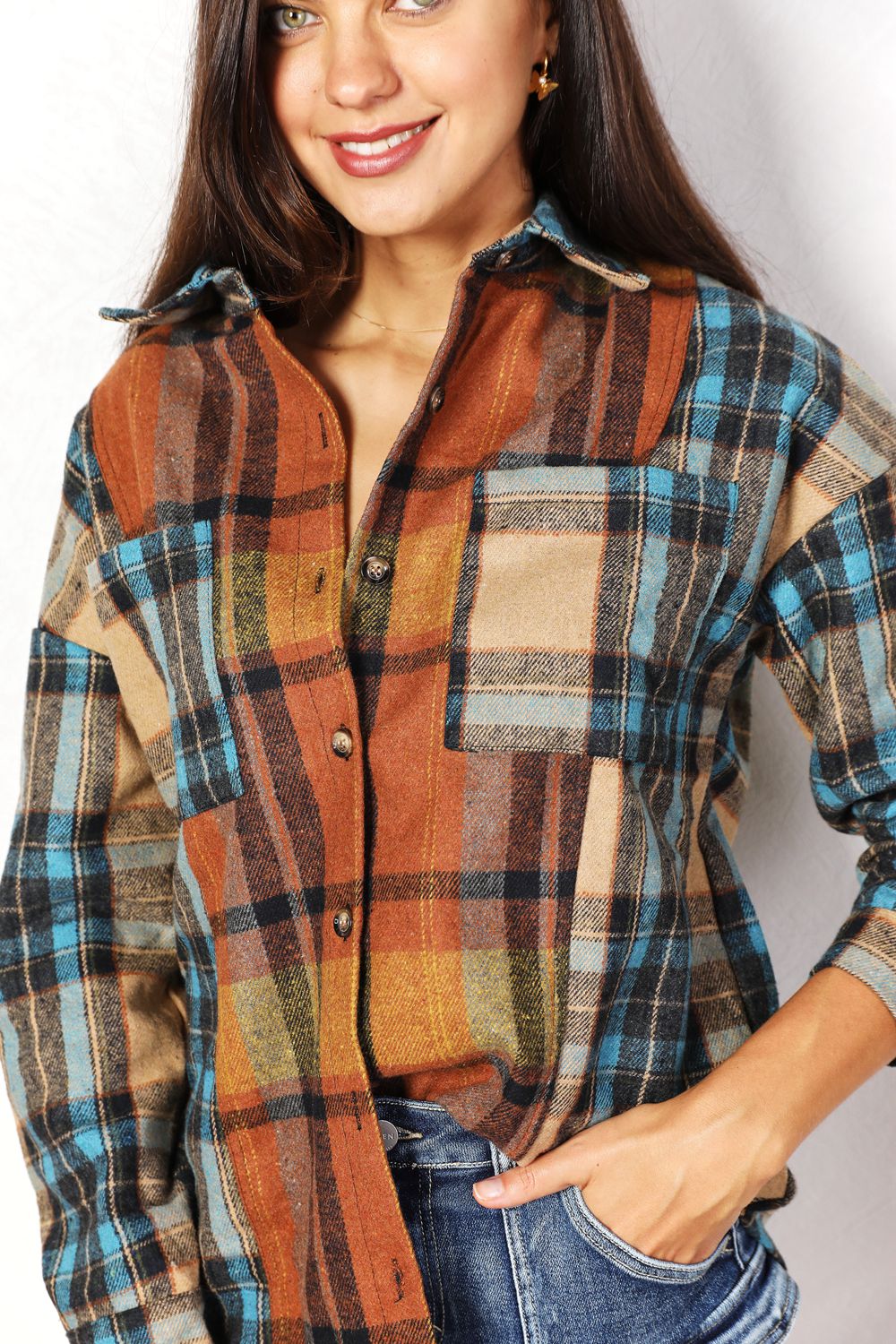 Double Take Plaid Curved Hem Shirt Jacket with Breast Pockets Double Take Plaid Curved Hem Shirt Jacket with Breast Pockets - TopFashionHQ