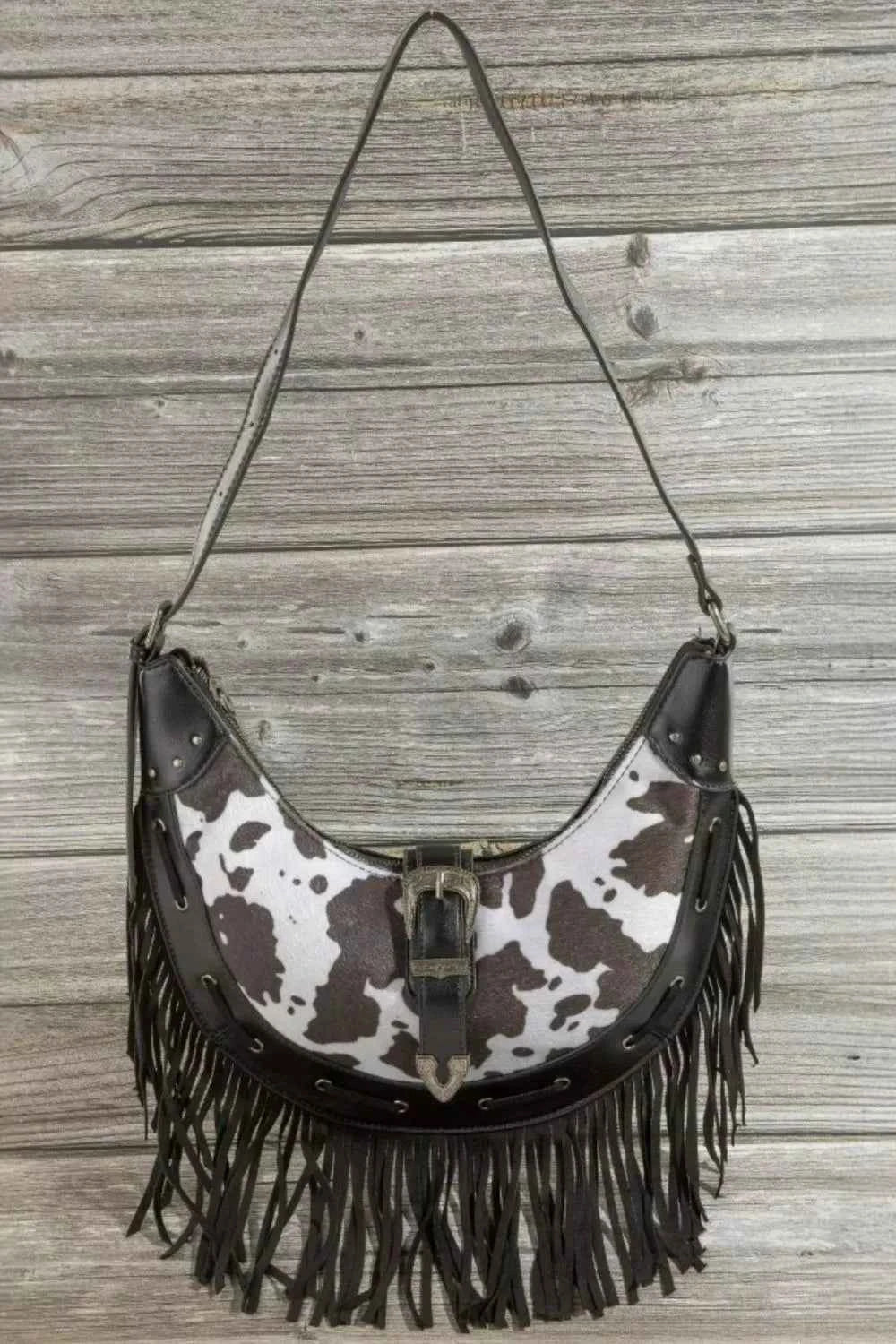 Fame Cow Print Faux Leather Fringe Hobo Bag Fame Cow Print Faux Leather Fringe Hobo Bag