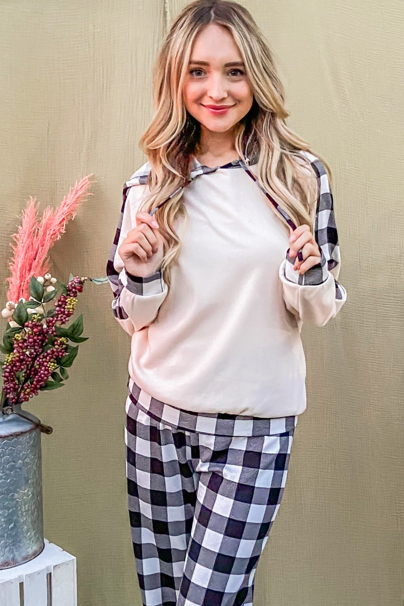 And The Why Drawstring Hooded Top and Plaid Pants Lounge Set And The Why Drawstring Hooded Top and Plaid Pants Lounge Set