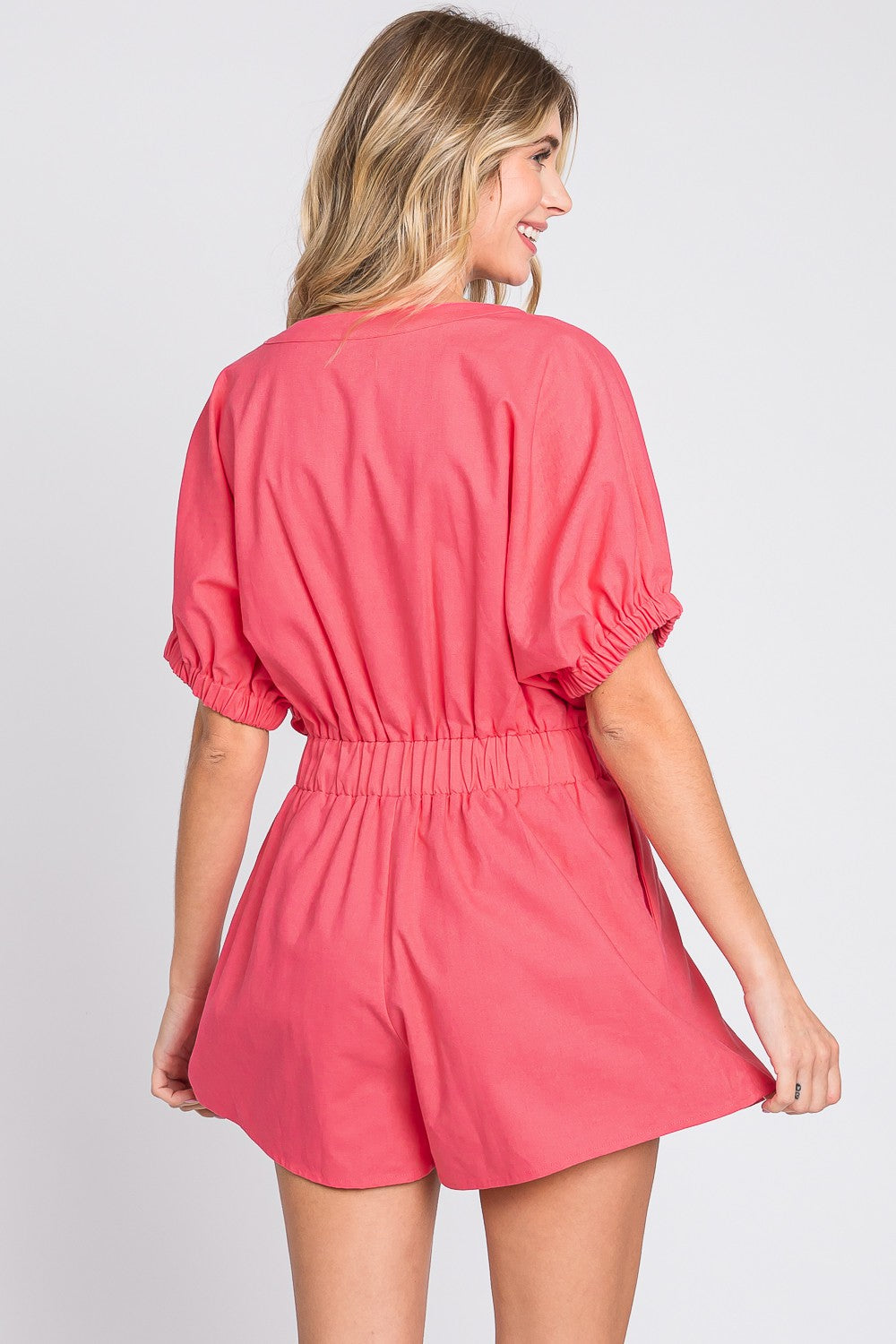 GeeGee Half Button V-Neck Linen Romper GeeGee Half Button V-Neck Linen Romper - TopFashionHQ