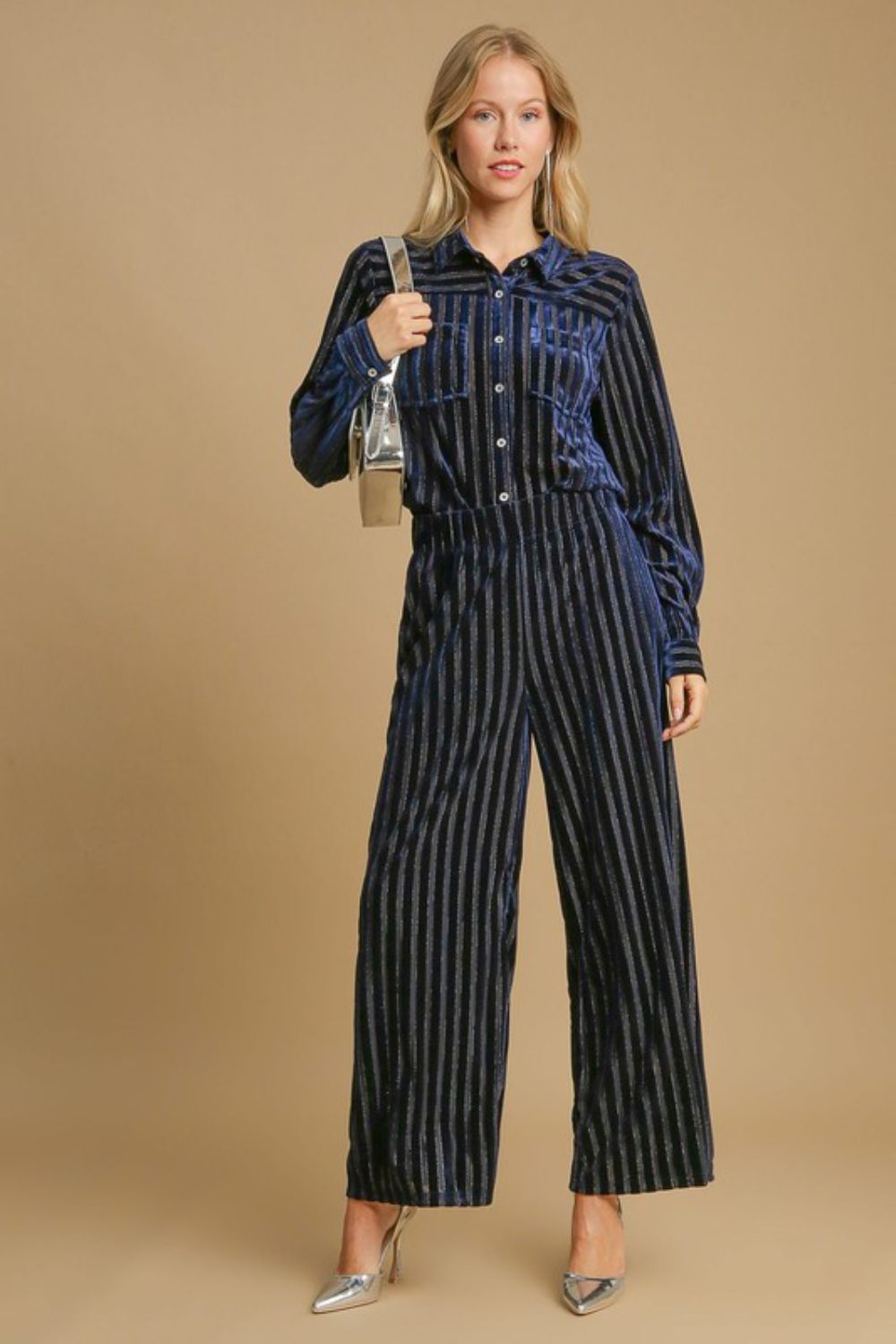Umgee Full Size Elastic Waist Striped Wide Leg Velvet Pants Umgee Full Size Elastic Waist Striped Wide Leg Velvet Pants - TopFashionHQ