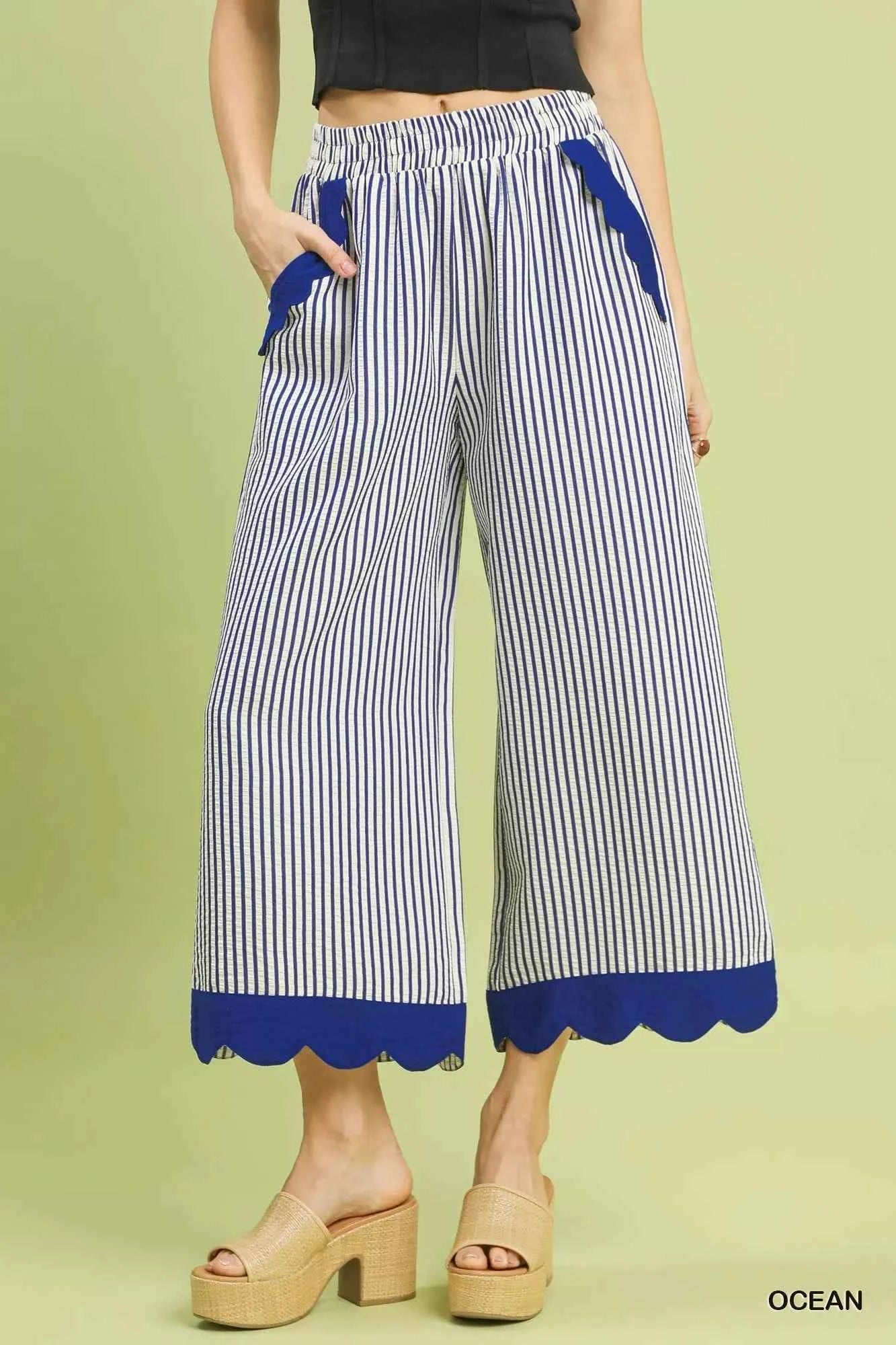 Umgee Stripe Scallop Hem Wide Leg Pants Umgee Stripe Scallop Hem Wide Leg Pants