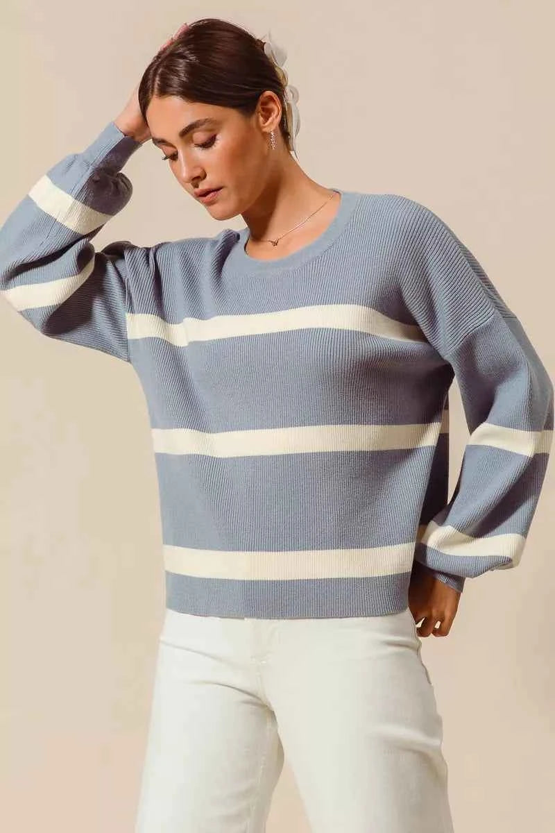 SO ME Ribbed Striped Round Neck Sweater SO ME Ribbed Striped Round Neck Sweater