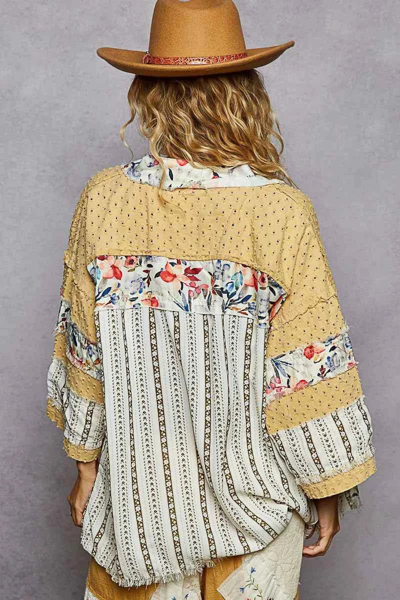 POL Raw Edge Open Front Patchwork Cardigan with Floral Trim POL Raw Edge Open Front Patchwork Cardigan with Floral Trim