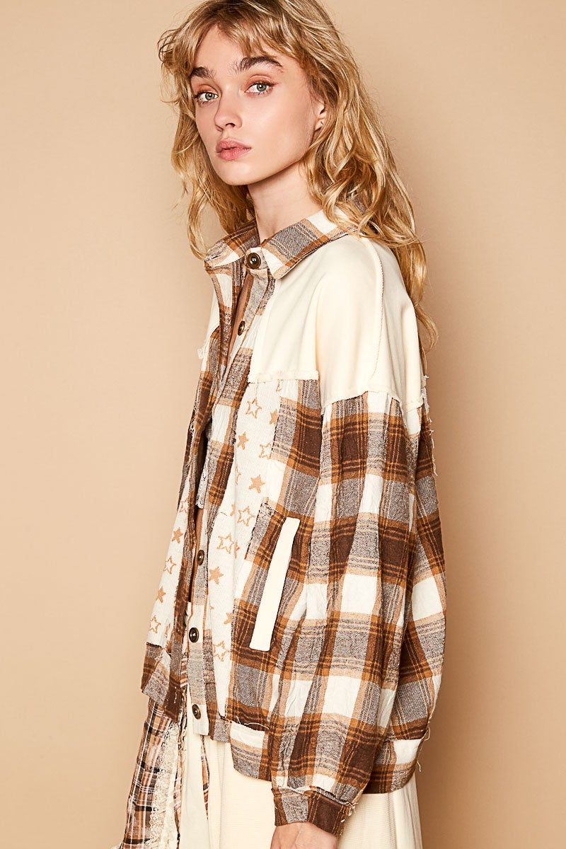 POL Plaid & Star Patchwork Contrast Long Sleeve Shacket POL Plaid & Star Patchwork Contrast Long Sleeve Shacket