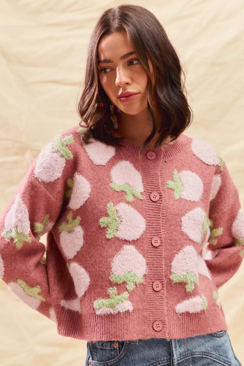 SO ME Strawberry Fruit All Over Button Sweater Cardigan 4786c18634fb47bfbb31e2ed037436de-Max-Origin