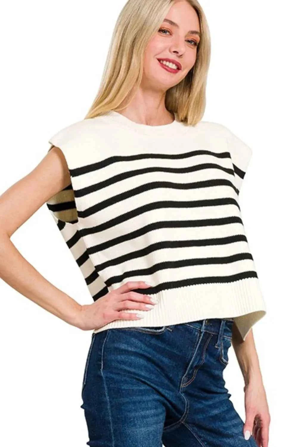 Zenana Oversized Crew Neck Stripe Sweater Vest Zenana Oversized Crew Neck Stripe Sweater Vest