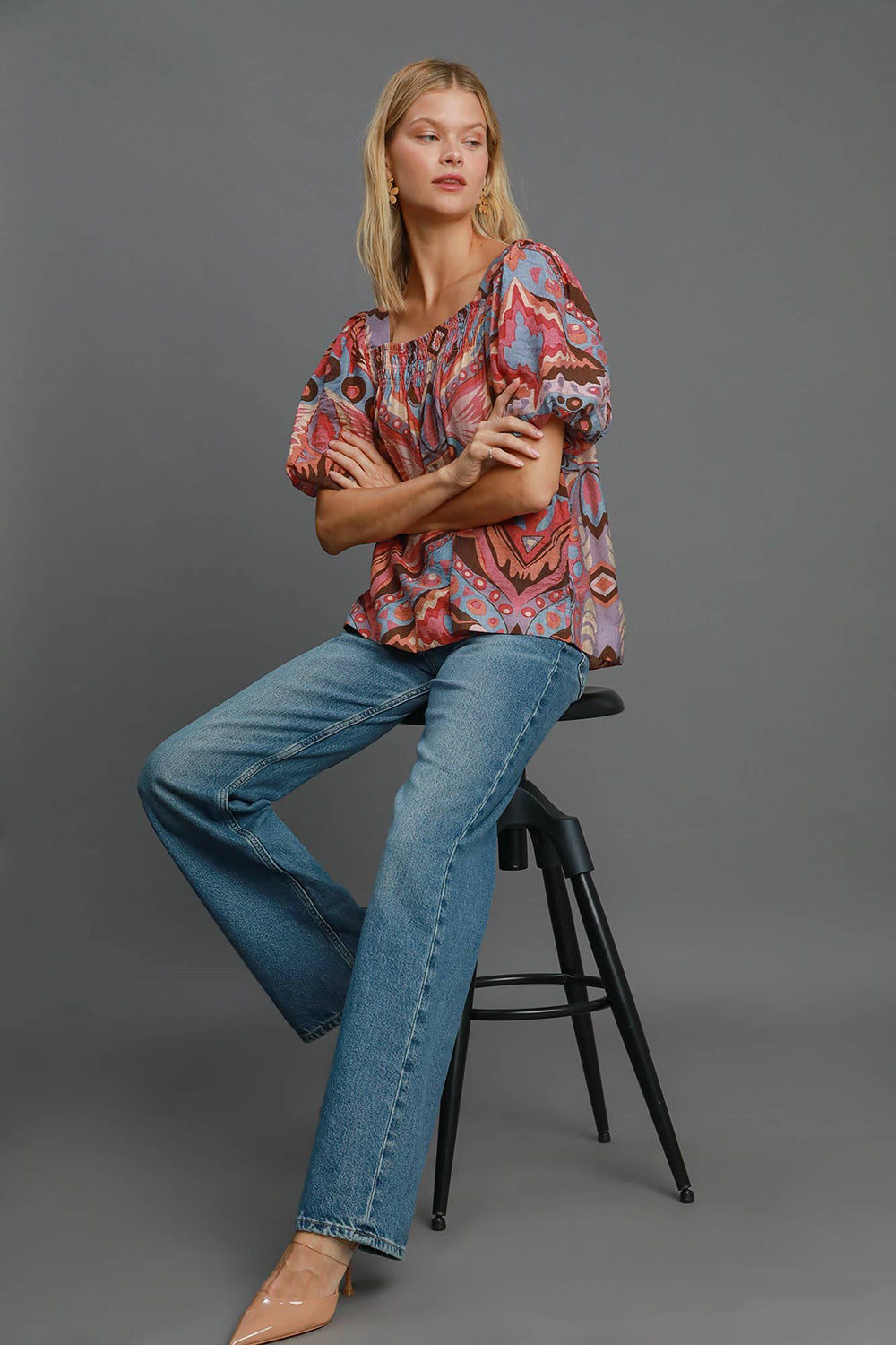 Umgee Full Size Abstract Print Smocked Square Neck Puff Sleeve Blouse Umgee Full Size Abstract Print Smocked Square Neck Puff Sleeve Blouse - TopFashionHQ