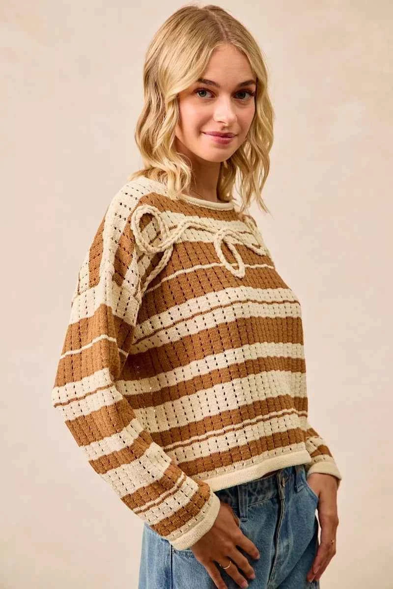 BiBi Striped Open Knit Sweater Top with Front Braided Detail BiBi Striped Open Knit Sweater Top with Front Braided Detail