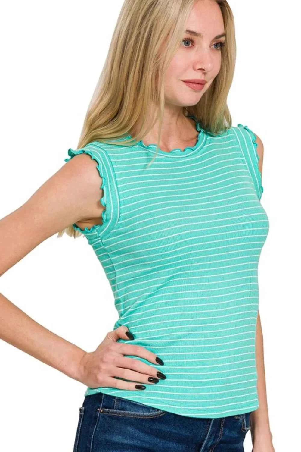 Zenana Ribbed Ruffle Trim Sleeveless Stripe Top Zenana Ribbed Ruffle Trim Sleeveless Stripe Top