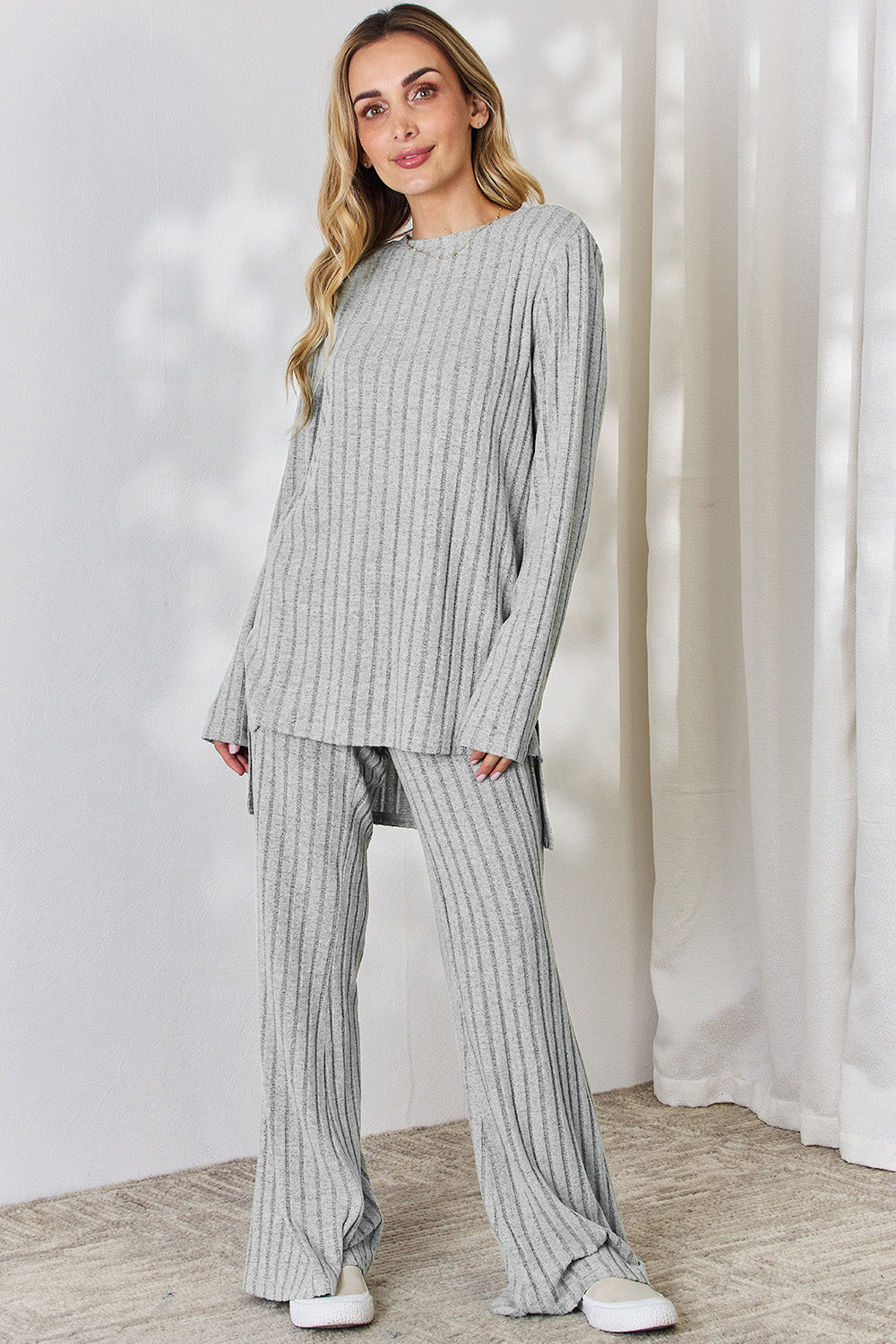 Basic Bae Full Size Ribbed High-Low Top and Wide Leg Pants Set Basic Bae Full Size Ribbed High-Low Top and Wide Leg Pants Set - TopFashionHQ