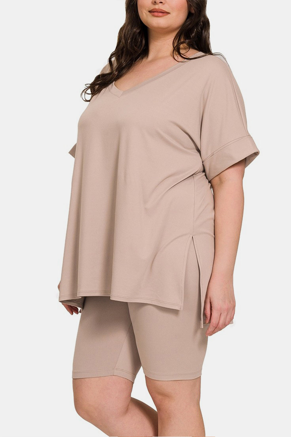 Zenana Full Size V-Neck Short Sleeve Slit T-Shirt and Shorts Set Zenana Full Size V-Neck Short Sleeve Slit T-Shirt and Shorts Set - TopFashionHQ